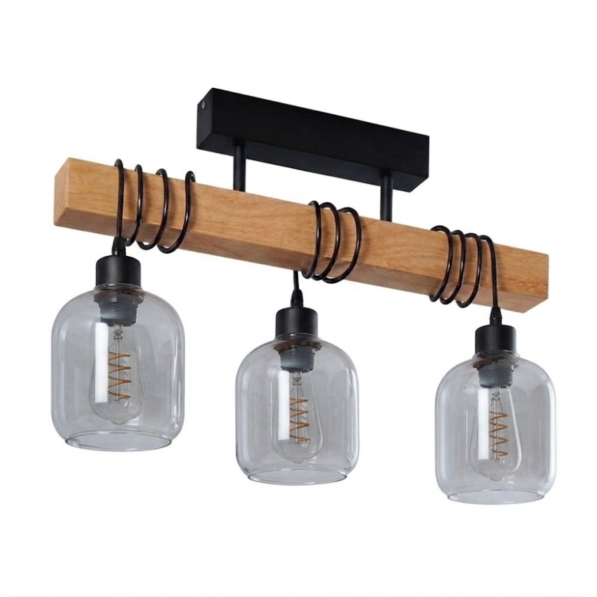 Brilagi - Overflademonteret lysekrone WOOD GLASS 3xE27/60W/230V fyrretræ/sort/røggrå
