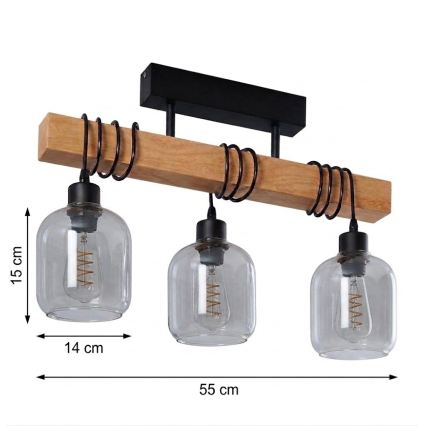 Brilagi - Overflademonteret lysekrone WOOD GLASS 3xE27/60W/230V fyrretræ/sort/røggrå