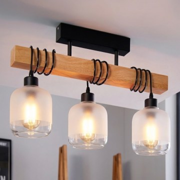 Brilagi - Overflademonteret lysekrone WOOD GLASS 3xE27/60W/230V fyrretræ/sort/hvid