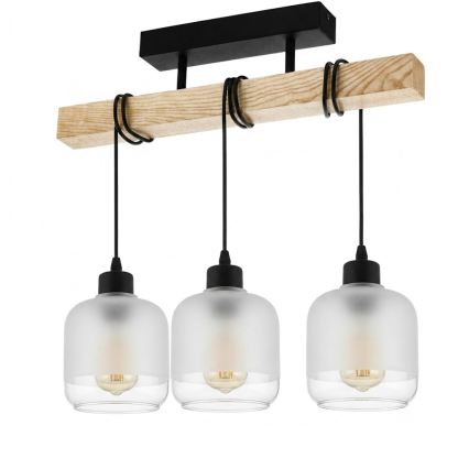 Brilagi - Overflademonteret lysekrone WOOD GLASS 3xE27/60W/230V fyrretræ/sort/hvid