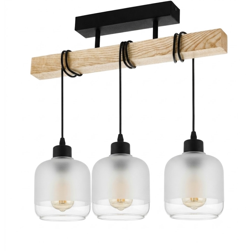 Brilagi - Overflademonteret lysekrone WOOD GLASS 3xE27/60W/230V fyrretræ/sort/hvid