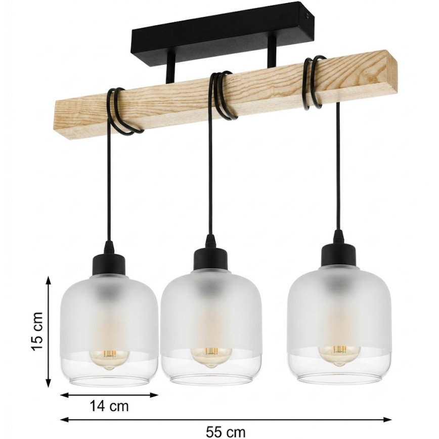 Brilagi - Overflademonteret lysekrone WOOD GLASS 3xE27/60W/230V fyrretræ/sort/hvid