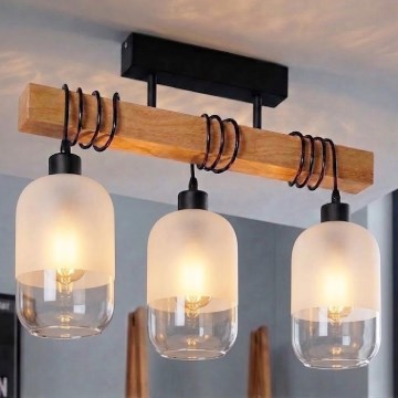 Brilagi - Overflademonteret lysekrone WOOD GLASS 3xE27/60W/230V fyrretræ/sort/hvid