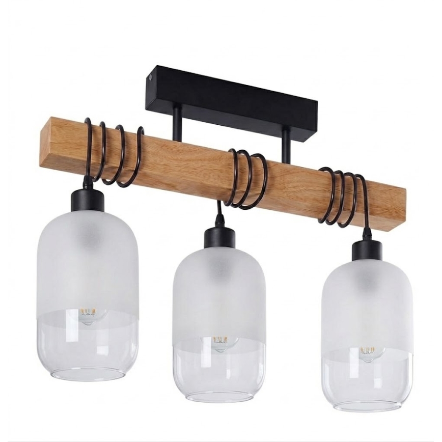 Brilagi - Overflademonteret lysekrone WOOD GLASS 3xE27/60W/230V fyrretræ/sort/hvid