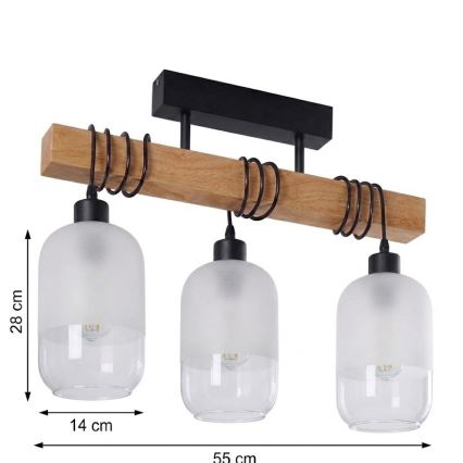 Brilagi - Overflademonteret lysekrone WOOD GLASS 3xE27/60W/230V fyrretræ/sort/hvid