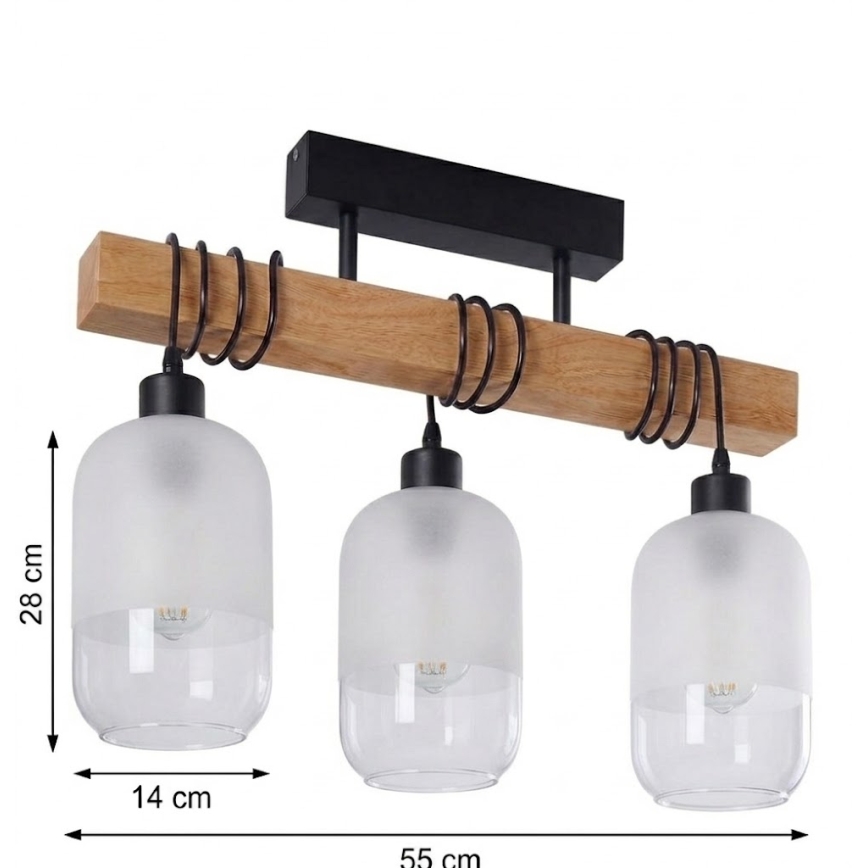 Brilagi - Overflademonteret lysekrone WOOD GLASS 3xE27/60W/230V fyrretræ/sort/hvid