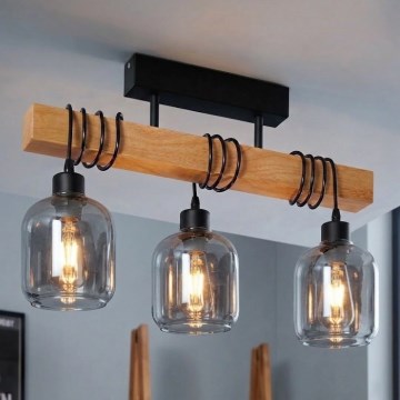 Brilagi - Overflademonteret lysekrone WOOD GLASS 3xE27/60W/230V fyrretræ/sort/røggrå