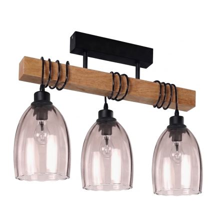 Brilagi - Overflademonteret lysekrone WOOD GLASS 3xE27/60W/230V fyr/sort/røgbeige