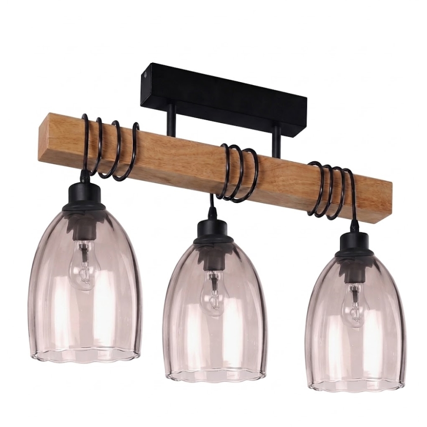 Brilagi - Overflademonteret lysekrone WOOD GLASS 3xE27/60W/230V fyr/sort/røgbeige