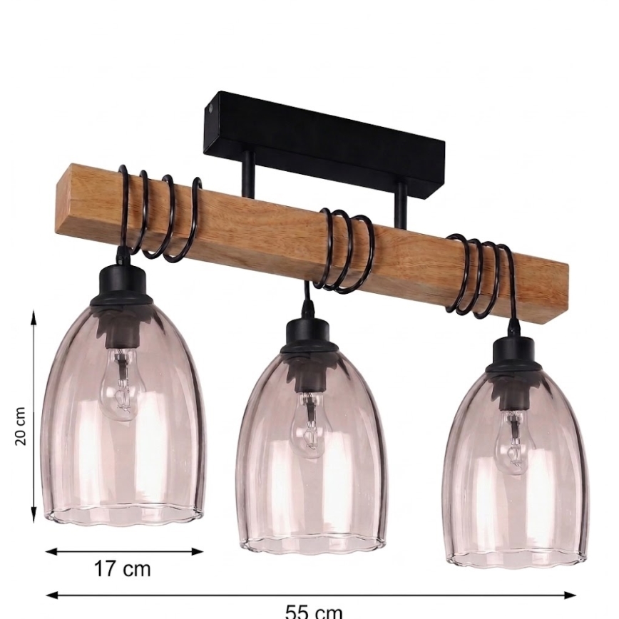 Brilagi - Overflademonteret lysekrone WOOD GLASS 3xE27/60W/230V fyr/sort/røgbeige