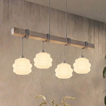 BRILAGI - Pendel med kabel WOOD GLASS 4xE27/60W/230V fyrretræ/grå/hvid