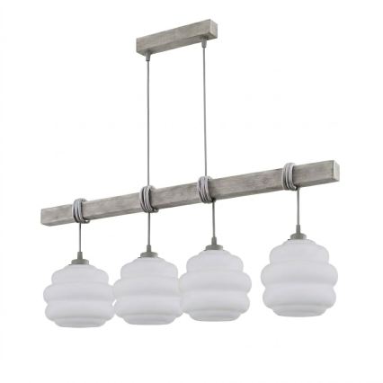 BRILAGI - Pendel med kabel WOOD GLASS 4xE27/60W/230V fyrretræ/grå/hvid