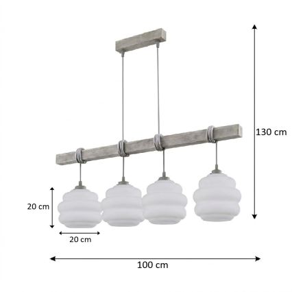 BRILAGI - Pendel med kabel WOOD GLASS 4xE27/60W/230V fyrretræ/grå/hvid