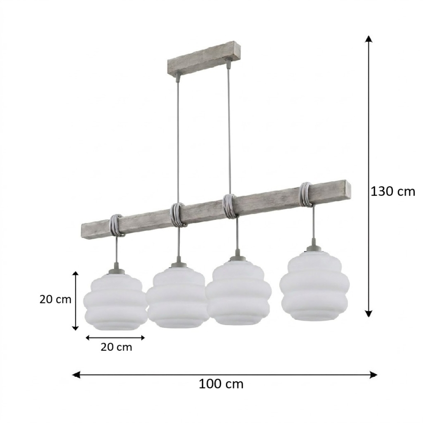 BRILAGI - Pendel med kabel WOOD GLASS 4xE27/60W/230V fyrretræ/grå/hvid