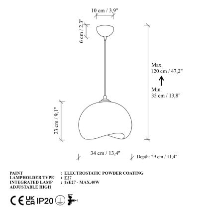 Brilagi - Pendel med kabel YONTU 1xE27/40W/230V Ø 34 cm hvid