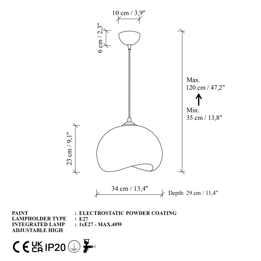 Brilagi - Pendel med kabel YONTU 1xE27/40W/230V Ø 34 cm hvid