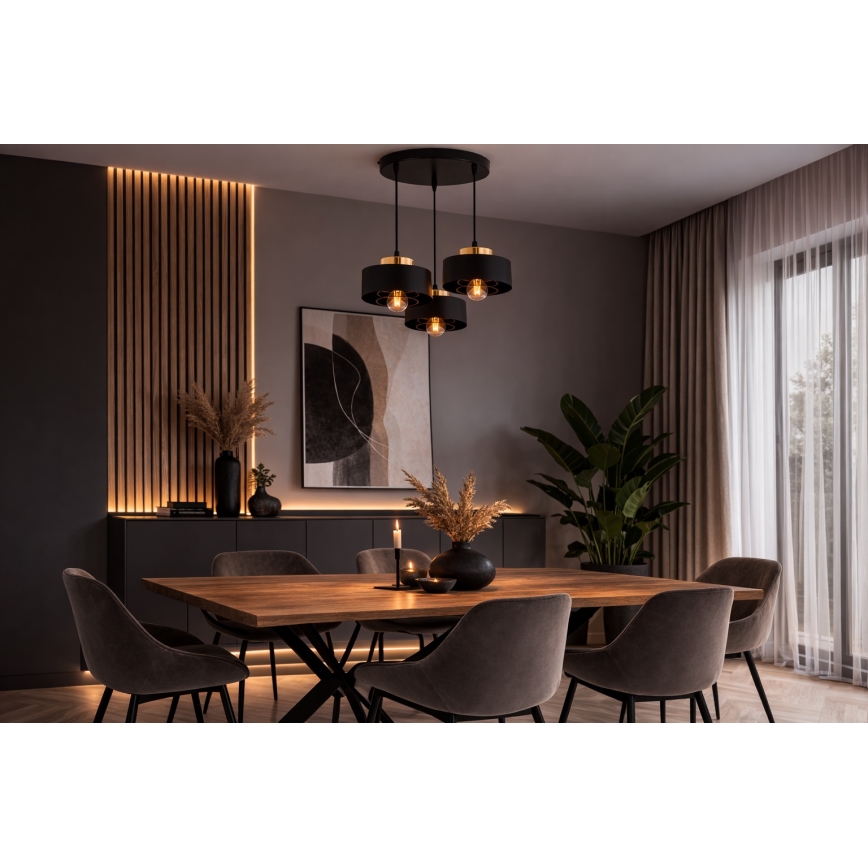 Brilagi - Pendel med kabelophæng SPRING 3xE27/60W/230V sort/guld