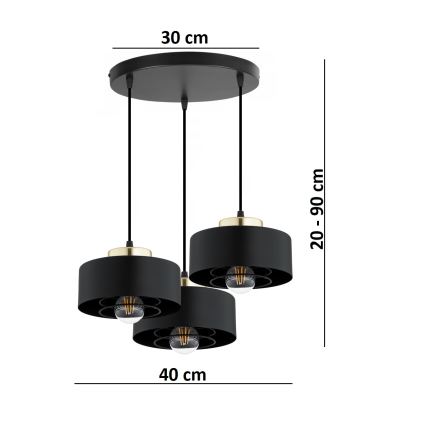 Brilagi - Pendel med kabelophæng SPRING 3xE27/60W/230V sort/guld