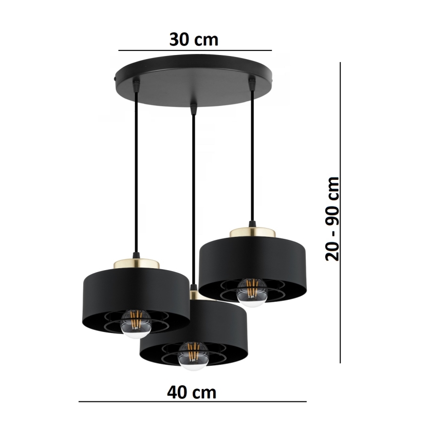 Brilagi - Pendel med kabelophæng SPRING 3xE27/60W/230V sort/guld