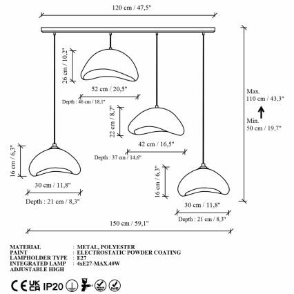 Brilagi - Pendel med kabelophæng WABI SABI 4xE27/40W/230V hvid