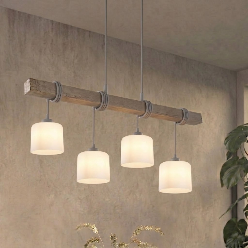 BRILAGI - Pendel med kabelophæng WOOD GLASS 4xE27/60W/230V fyrretræ/grå/hvid