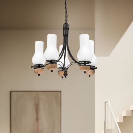 Brilagi - Pendel med kædeophæng COTTAGE 5xE14/40W/230V bøg/hvid