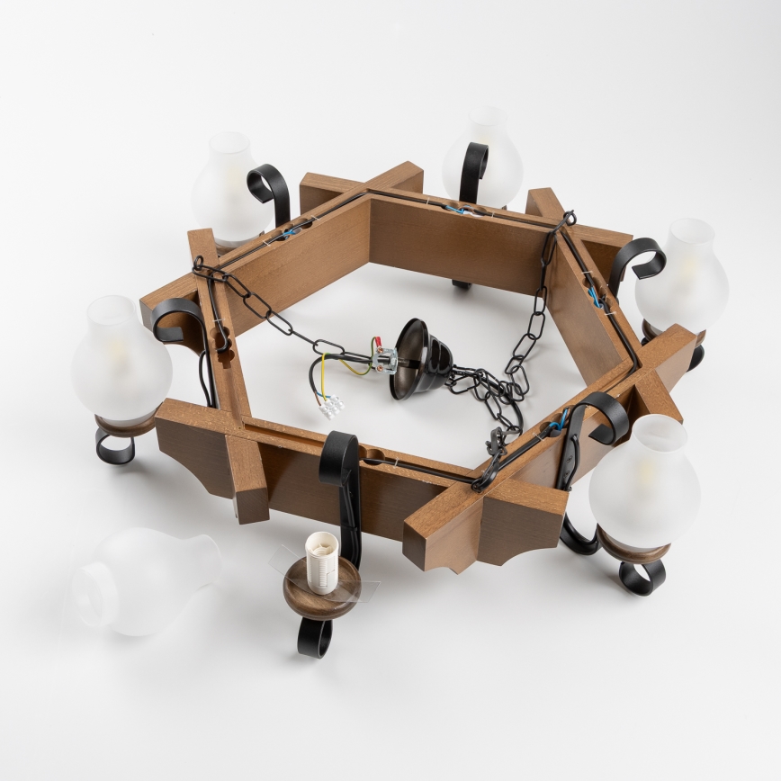 Brilagi - Pendel med kædeophæng QUEEN 6xE14/40W/230V bøg/valnød