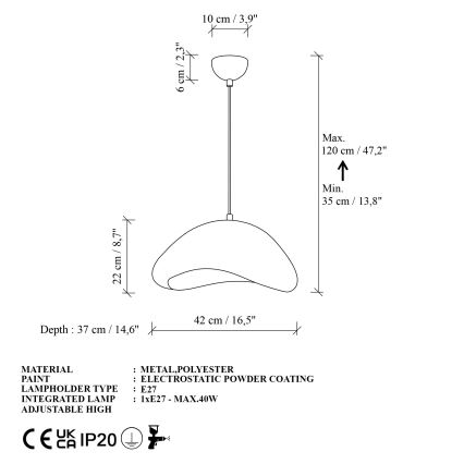 Brilagi - Pendel med ledning LUNA 1xE27/40W/230V Ø 42 cm hvid