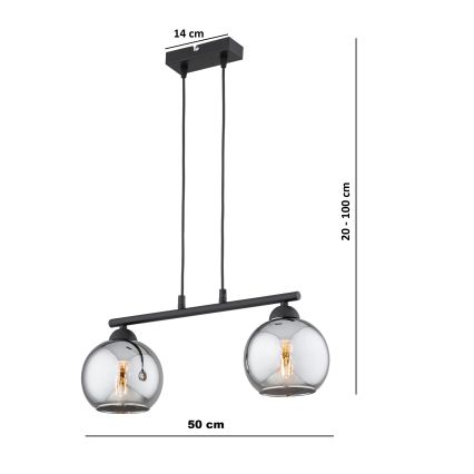 Brilagi - Pendel med wireophæng DIOR 2xE27/60W/230V sort/røget grå