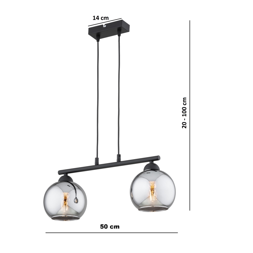 Brilagi - Pendel med wireophæng DIOR 2xE27/60W/230V sort/røget grå