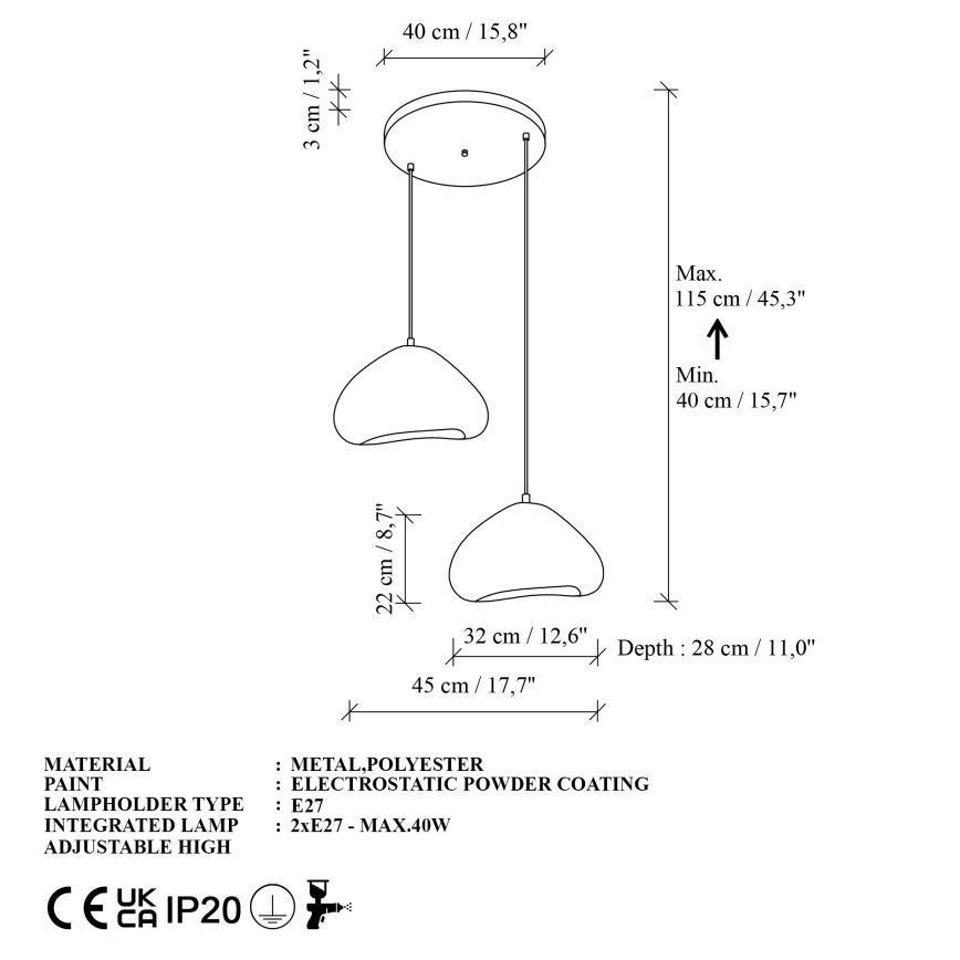 Brilagi - Pendel med wireophæng WABI SABI 2xE27/40W/230V Ø 45 cm hvid