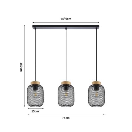 Brilagi - Pendel på kabel BASKLITE 3xE27/15W/230V gummitræ/sort