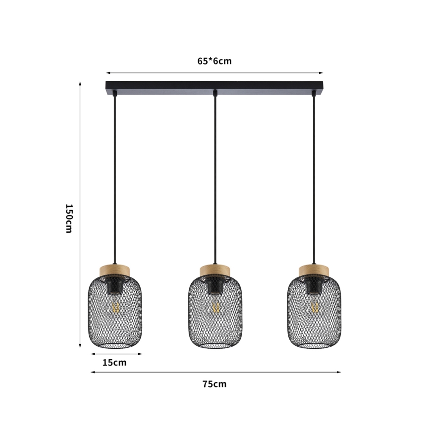 Brilagi - Pendel på kabel BASKLITE 3xE27/15W/230V gummitræ/sort