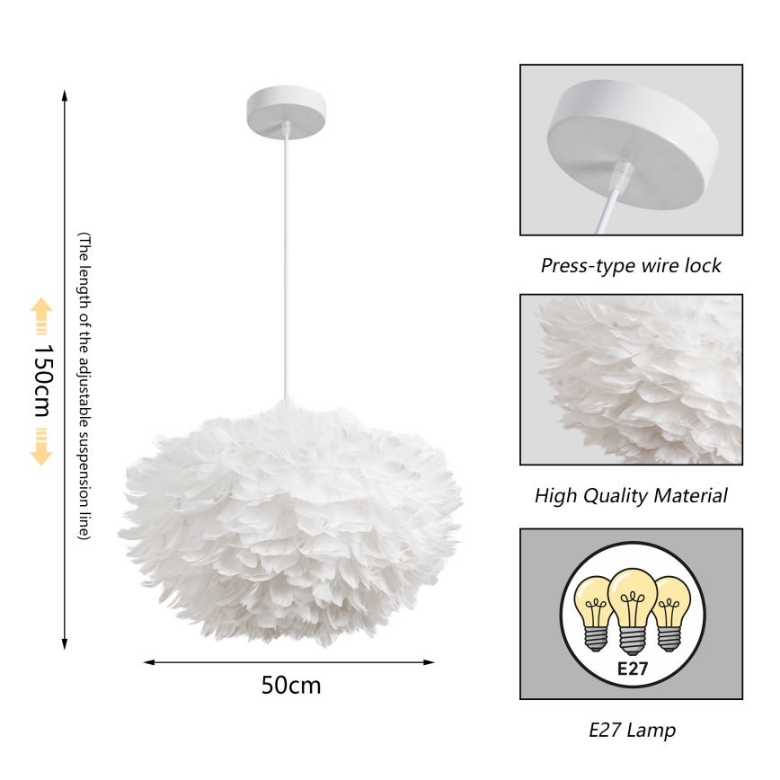 Brilagi - Pendel på kabel FEATHER 3xE27/40W/230V Ø 50 cm hvid