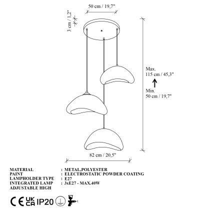 Brilagi - Pendel på kabel LUNA 3x E27/40W/230V Ø 82 cm, hvid