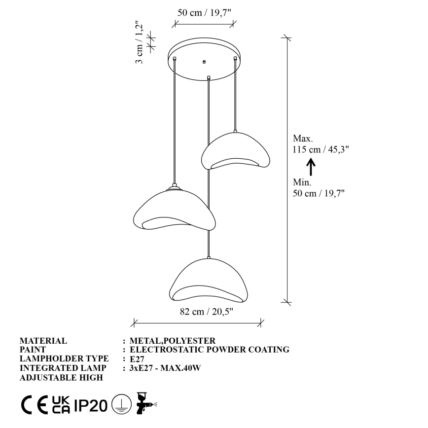 Brilagi - Pendel på kabel LUNA 3x E27/40W/230V Ø 82 cm, hvid