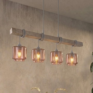 BRILAGI - Pendel på kabel WOOD GLASS 4xE27/60W/230V fyrretræ/grå/røgbeige