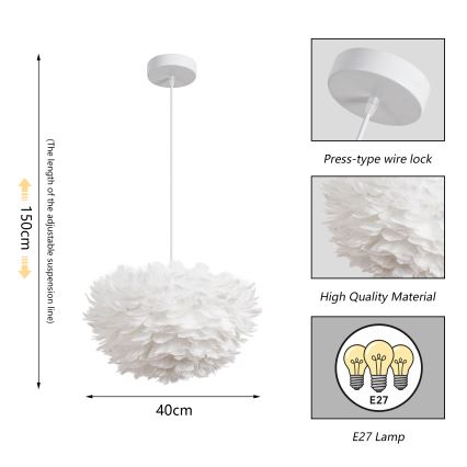 Brilagi - Pendel på ledning FEATHER 3xE27/40W/230V Ø 40 cm hvid