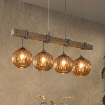 BRILAGI - Pendel på ledning WOOD GLASS 4xE27/60W/230V fyr/grå/røget brun