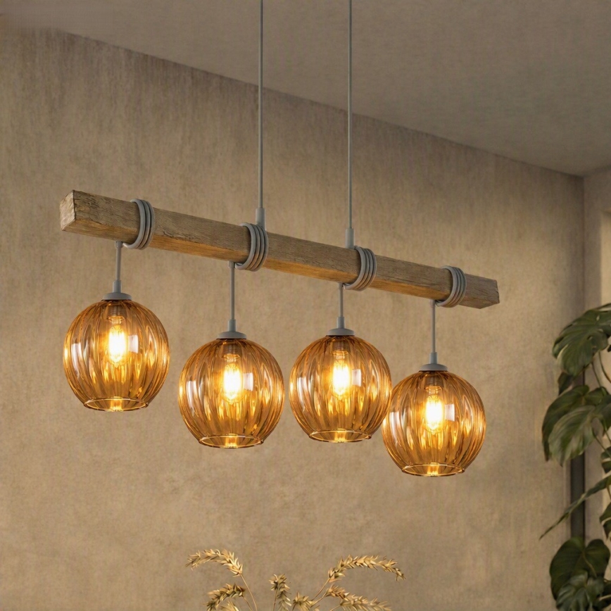 BRILAGI - Pendel på ledning WOOD GLASS 4xE27/60W/230V fyr/grå/røget brun