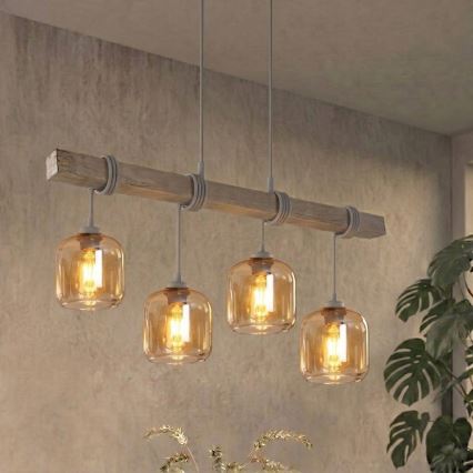 BRILAGI - Pendel på wire WOOD GLASS 4xE27/60W/230V fyrretræ/grå/røget brun