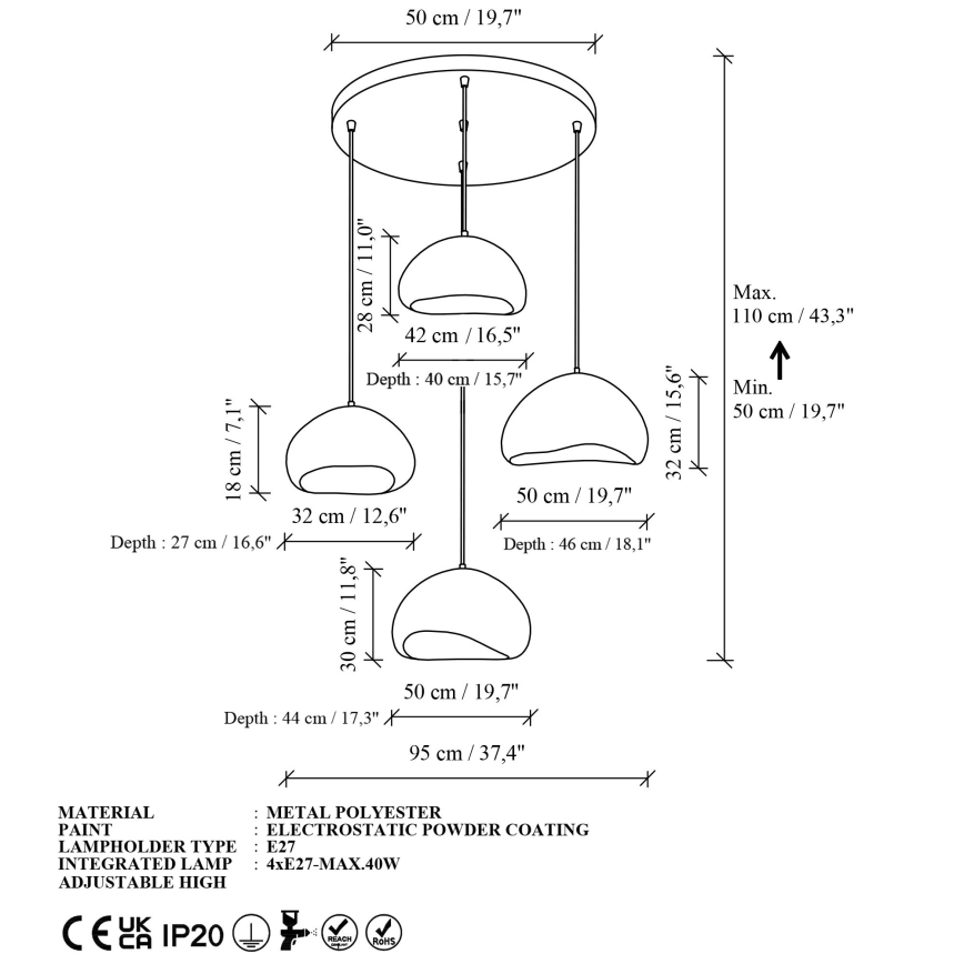 Brilagi - Pendel på wire WABI SABI 4xE27/40W/230V Ø 95 cm hvid