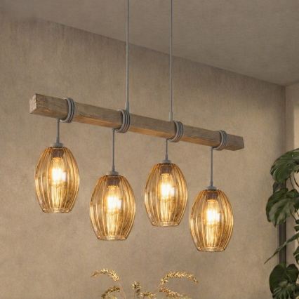 BRILAGI - Pendel med wire WOOD GLASS 4xE27/60W/230V fyr/grå/røget brun