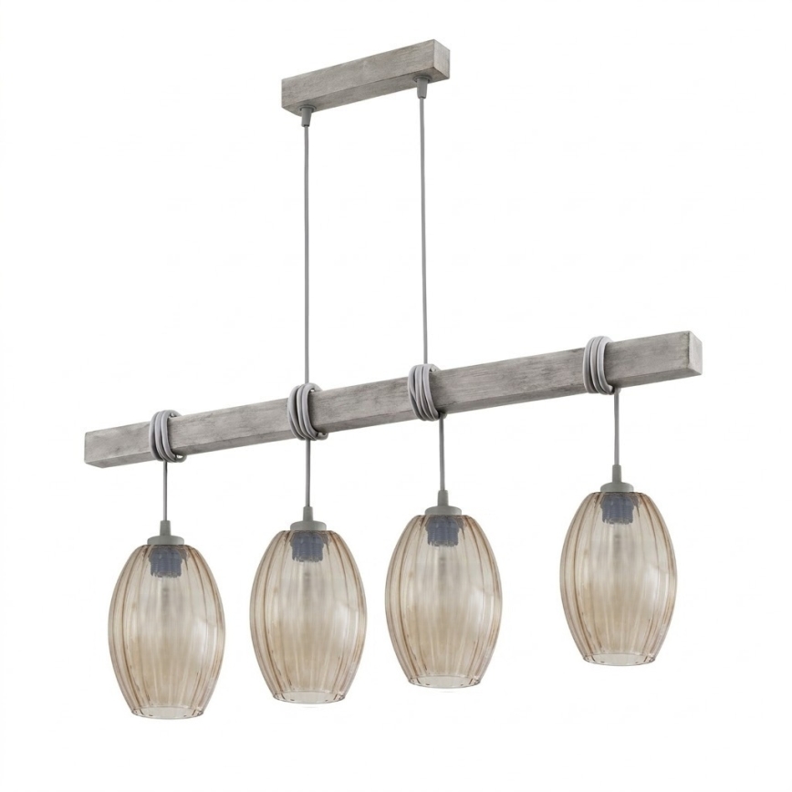 BRILAGI - Pendel med wire WOOD GLASS 4xE27/60W/230V fyr/grå/røget brun