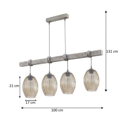BRILAGI - Pendel med wire WOOD GLASS 4xE27/60W/230V fyr/grå/røget brun