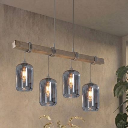 BRILAGI - Pendel på ledning WOOD GLASS 4xE27/60W/230V fyrretræ/lysegrå/røggrå