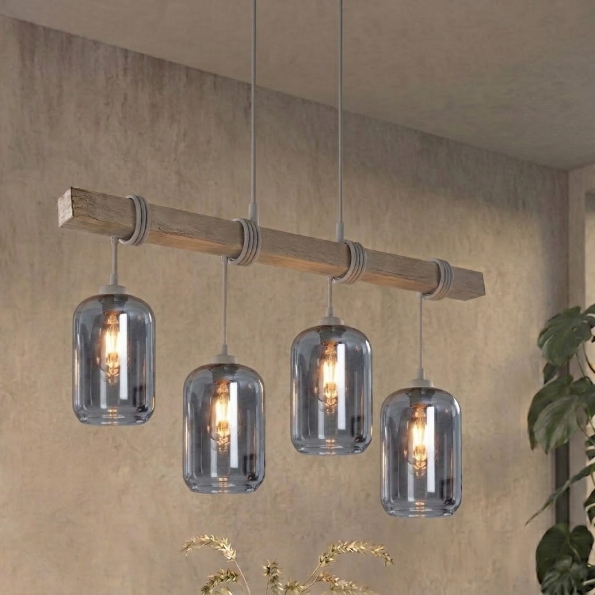 BRILAGI - Pendel på ledning WOOD GLASS 4xE27/60W/230V fyrretræ/lysegrå/røggrå