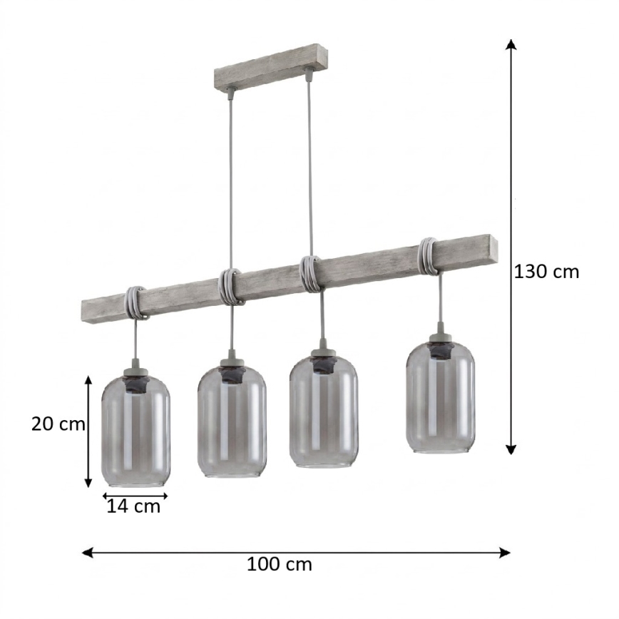 BRILAGI - Pendel på ledning WOOD GLASS 4xE27/60W/230V fyrretræ/lysegrå/røggrå