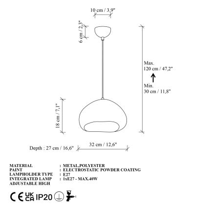 Brilagi - Pendel WABI SABI med kabelophæng, 1xE27/40W/230V, Ø 32 cm, hvid