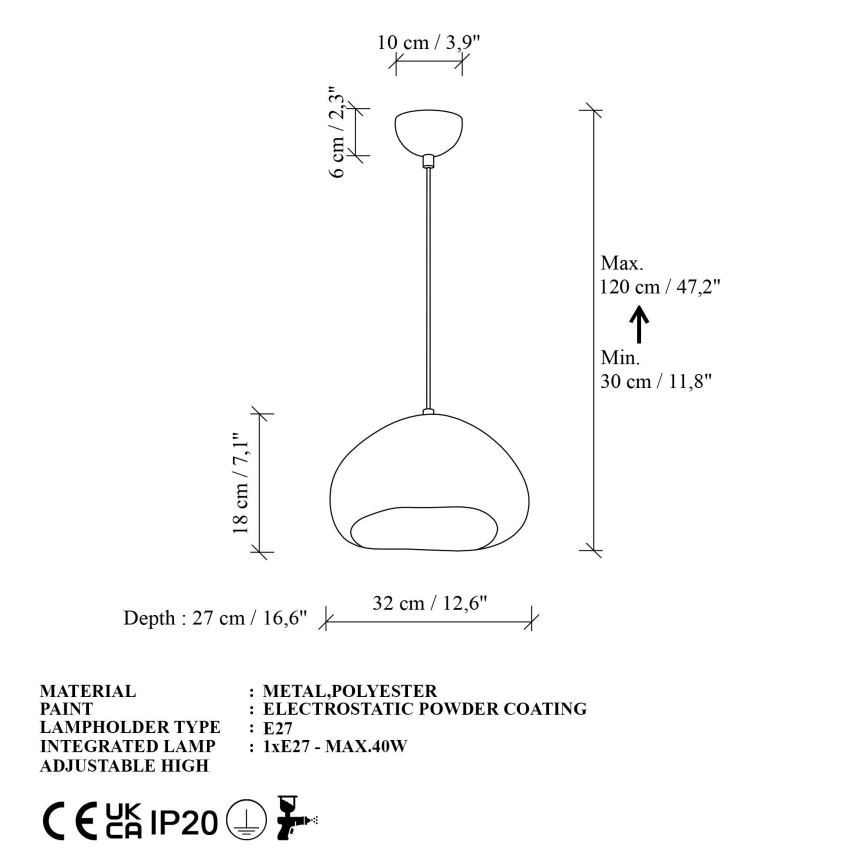 Brilagi - Pendel WABI SABI med kabelophæng, 1xE27/40W/230V, Ø 32 cm, hvid